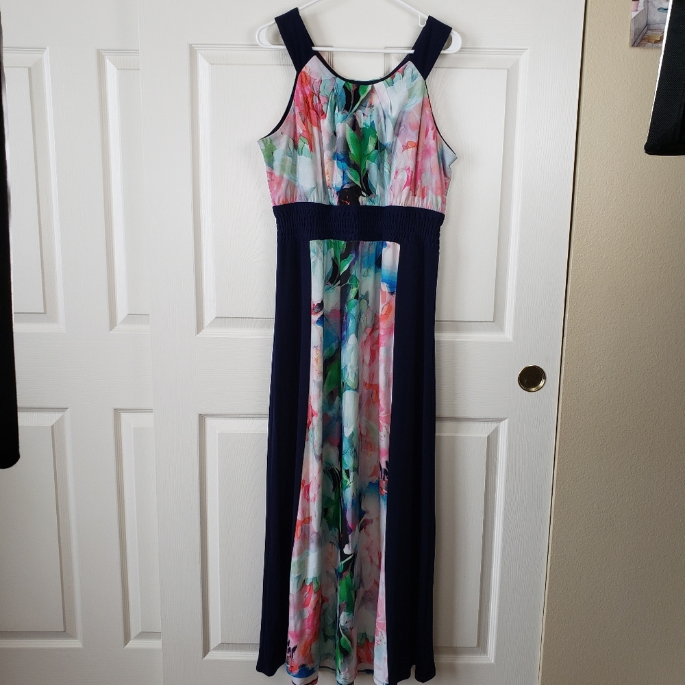 Rabbit Rabbit Rabbit Abstract Floral Maxi Dress with Navy Borders. Size 16